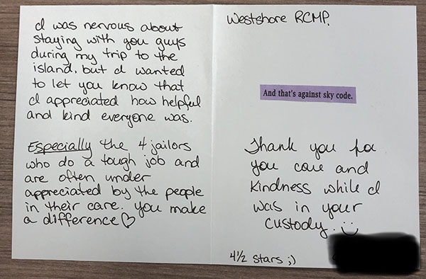 Thumbnail of letter sent to Westshore RCMP