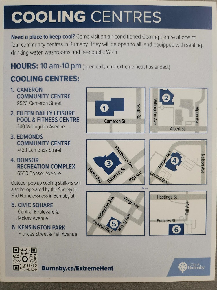 Map of Burnaby with cooling centre locations
